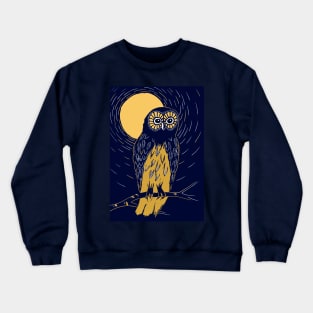 Deep blue and gold linocut of an owl on a moonlit night Crewneck Sweatshirt